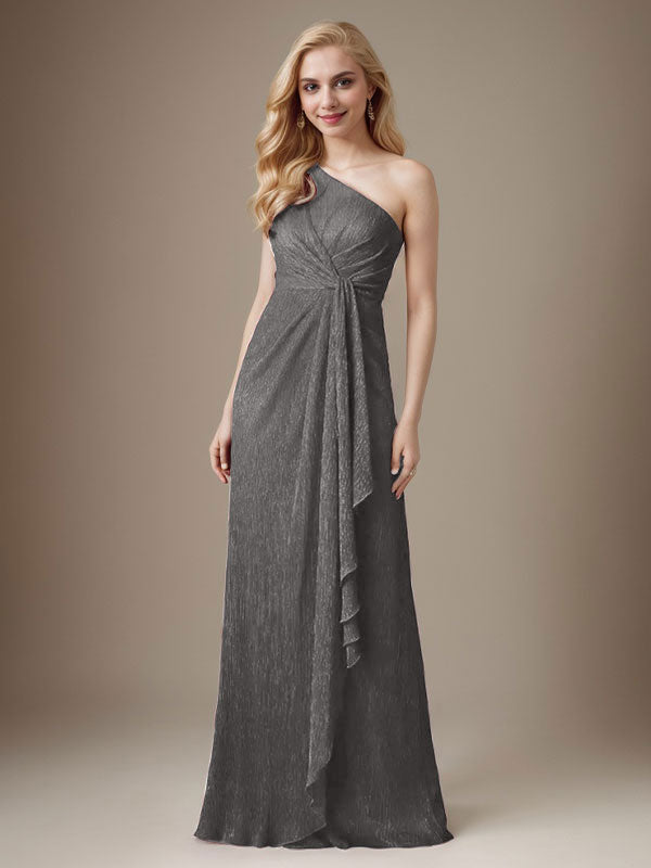 Vestido de madre de la novia con un solo hombro de malla metálica y corte rubí