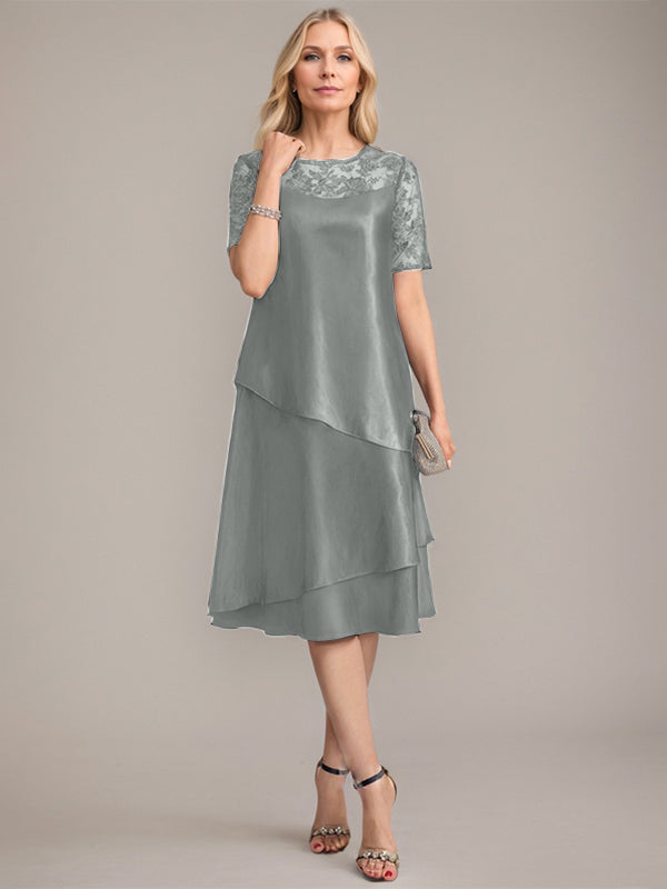 Vestido de madre de la novia con corte en A, escote redondo y largo hasta la rodilla, con apliques y lentejuelas