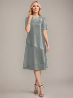 Vestido de madre de la novia con corte en A, escote redondo y largo hasta la rodilla, con apliques y lentejuelas