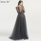 Vestido de noche musulmán largo con escote en V, nuevo modelo 2025, corte A, con cuentas de diamantes y falda sobrefalda. Foto real LA6571.