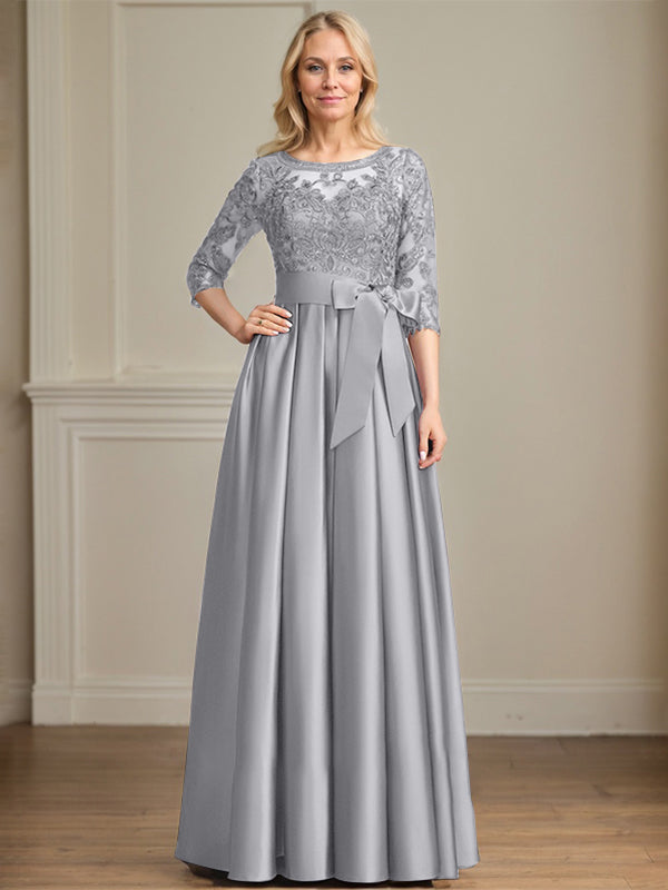 Vestido de madre de la novia de satén con encaje, corte A, escote ilusión, largo hasta el suelo, con lazo de lentejuelas