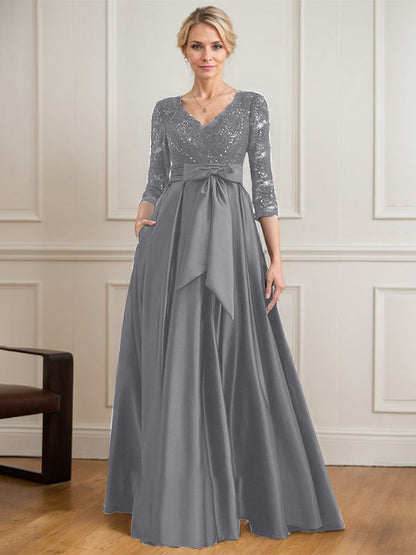 A-Linie V-Ausschnitt Bodenlanges Satin-Spitzenkleid für die Brautmutter mit Paillettenschleife 