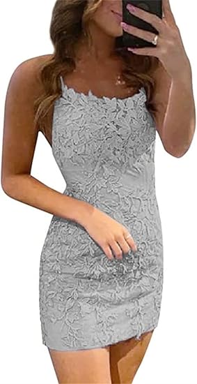 Vestidos de fiesta sin mangas con tirantes finos y encaje azul de columna corta 