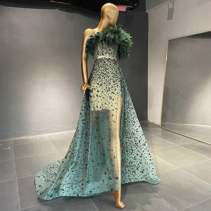 Groen Luxe A-lijn High Split Avond Jurken 2025 Kralen Veer Elegant Mermaid Für Women Party LA71570 