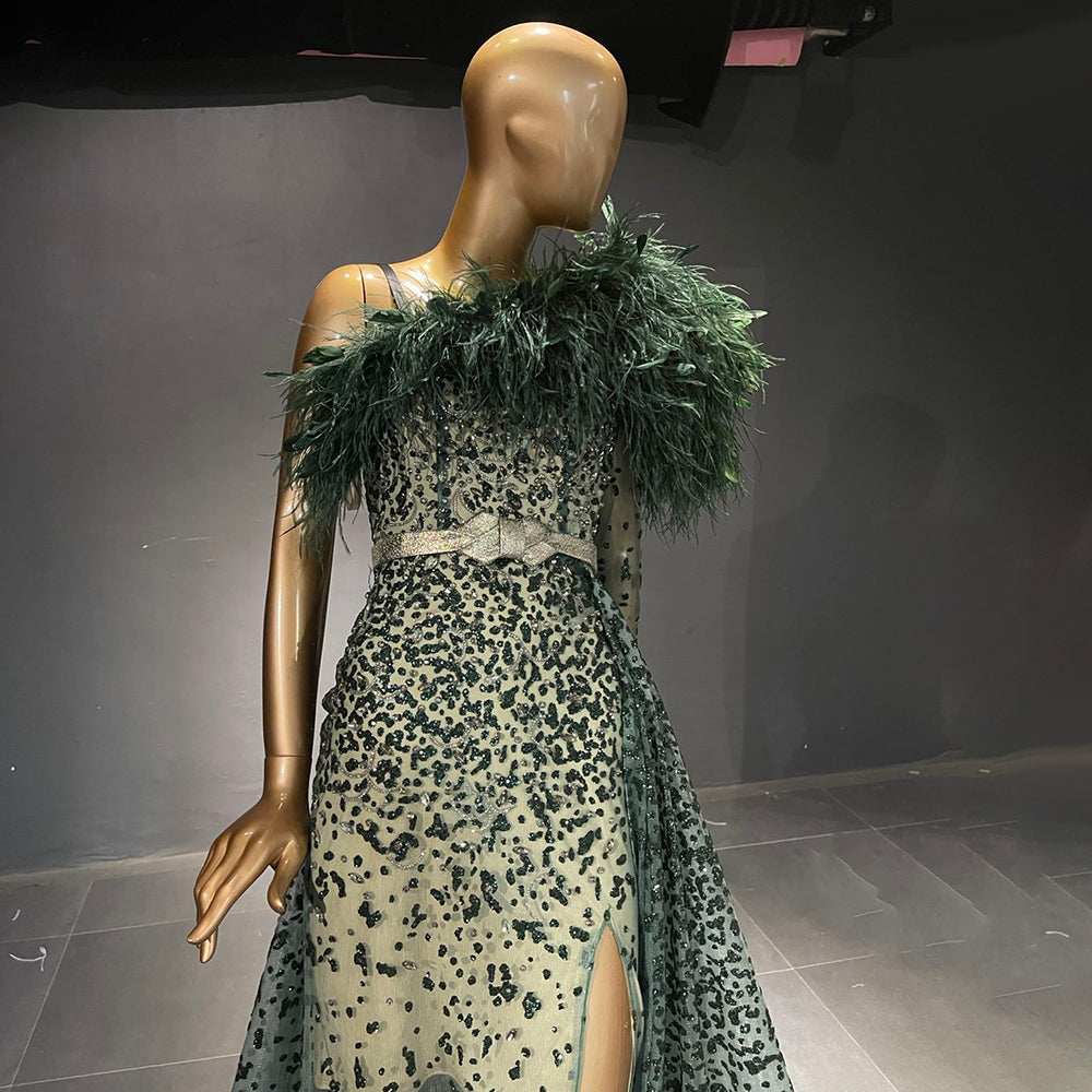 Groen Luxe A-lijn High Split Avond Jurken 2025 Kralen Veer Elegant Mermaid Für Women Party LA71570 