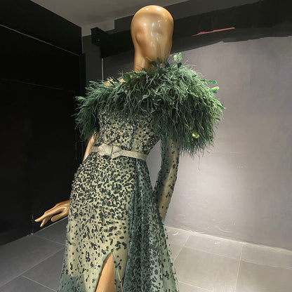 Groen Luxe A-lijn High Split Avond Jurken 2025 Kralen Veer Elegant Mermaid Für Women Party LA71570 