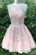 Wunderschönes Neckholder-Rückenfreies Rosa Spitzen-Tüll A-Linie Kurzes Homecoming-Kleid 