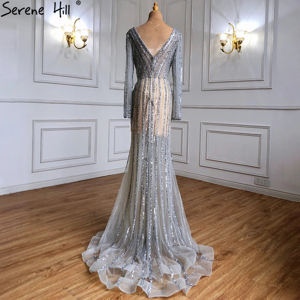Silber Blau Meerjungfrau Split Abendkleider Kleider 2025 Perlen Elegante Luxus Für Frauen Party LA71392 