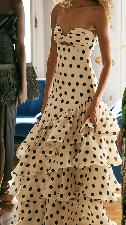 Elegante vestido de fiesta de gasa con volantes y lunares en forma de corazón, vestido de noche de sirena sin tirantes Y8279