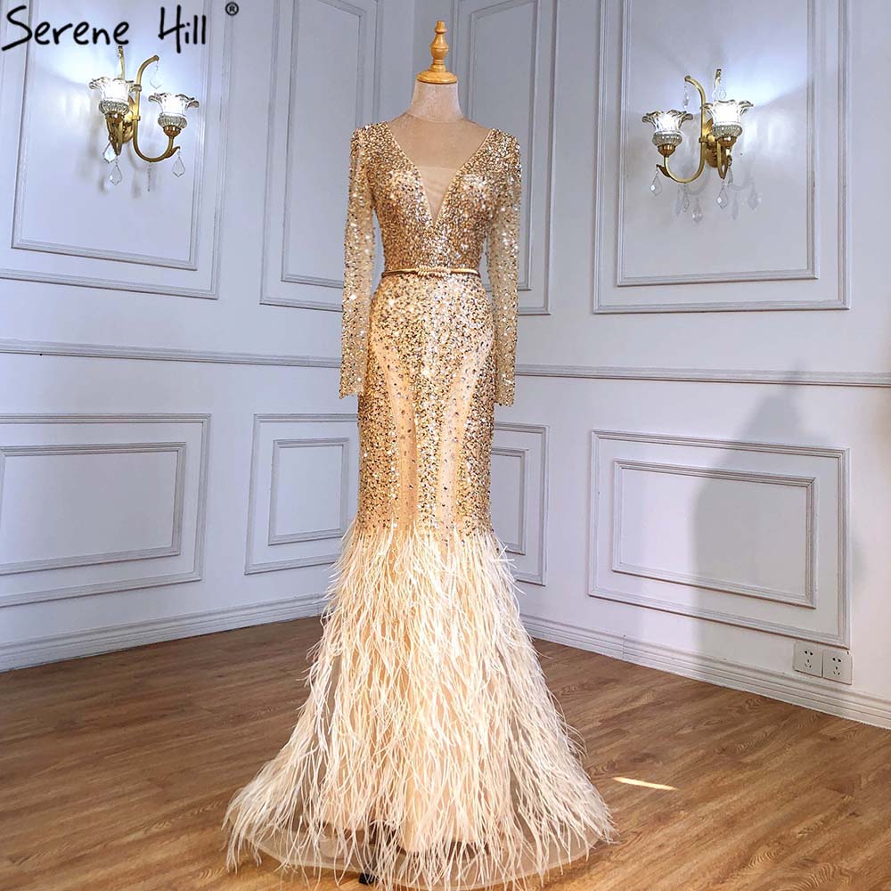 Muslimischen Gold Meerjungfrau Abendkleider Kleider 2025 Luxus Elegante Perlen Federn Für Frauen Party LA71475