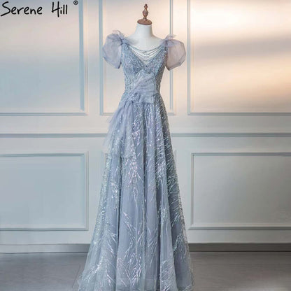 Vestidos de noche grises de lujo con mangas abullonadas, corte A y cuentas, para mujer, para fiesta, LA71474 