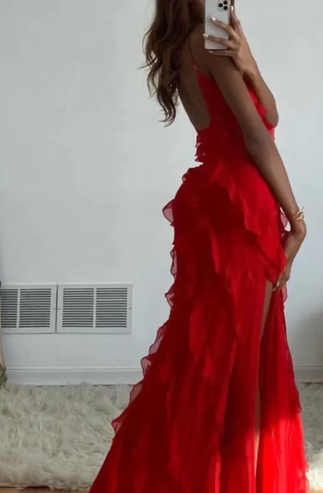Vestido largo formal de fiesta con volantes rojos, elegante vestido de noche Y7979