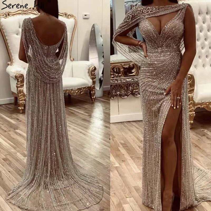 Luxus Champagner Sexy Split Abendkleider 2025 Diamant Ärmelloses Meerjungfrau Formale Kleid Ruhigen Hill LA70301 