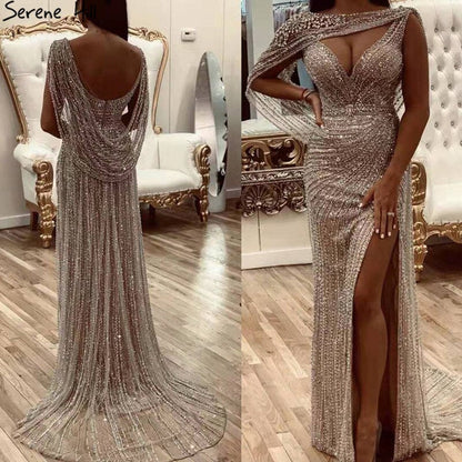 Luxus Champagner Sexy Split Abendkleider 2025 Diamant Ärmelloses Meerjungfrau Formale Kleid Ruhigen Hill LA70301 