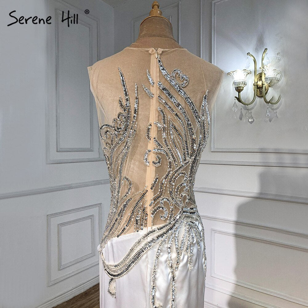 Vestido de noche con sobrefalda de sirena beige, elegante, de satén con cuentas, para mujer, fiesta, LA71199 