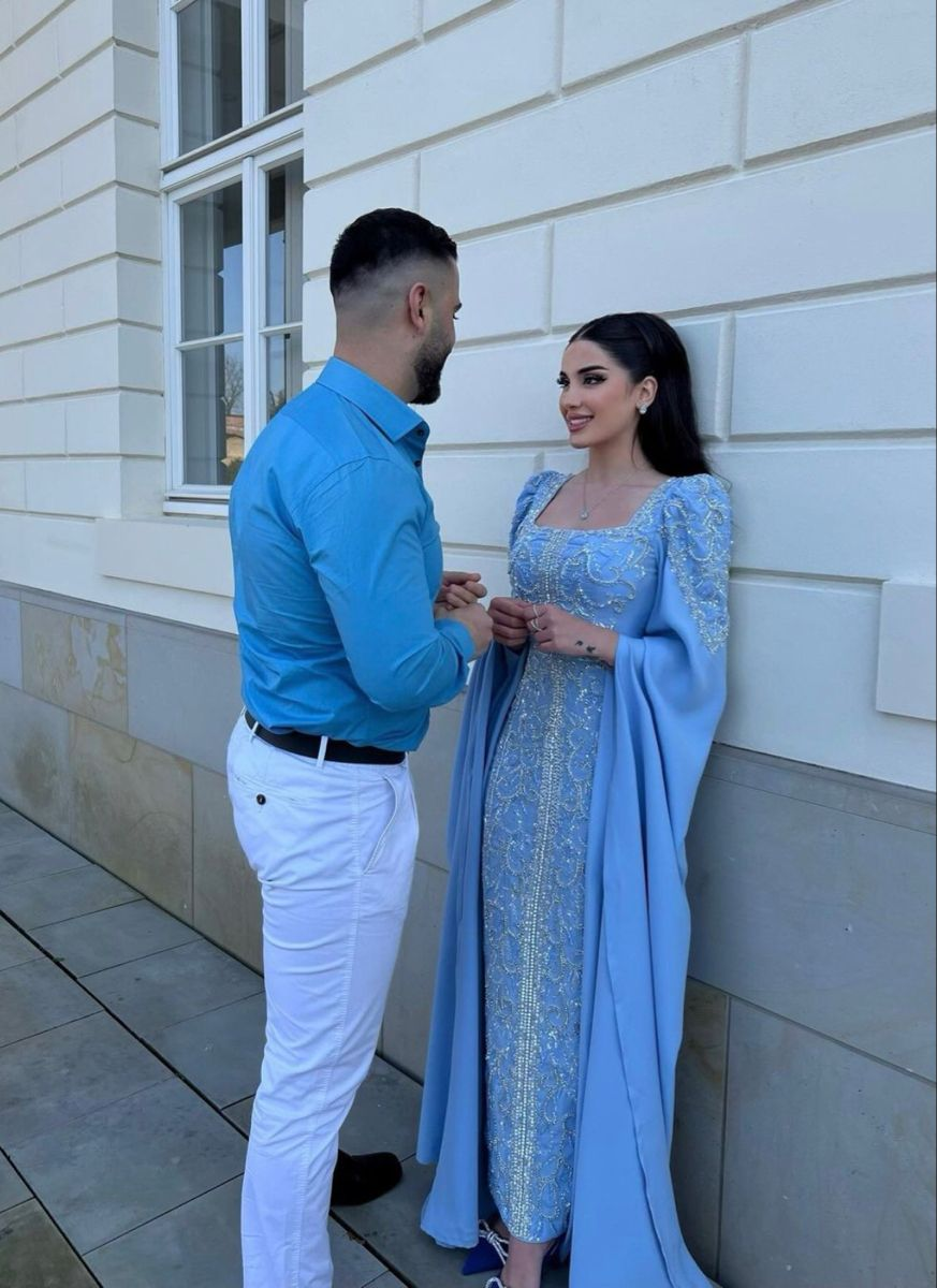Elegante vestido de noche de lujo con lentejuelas y cuentas azules, ribete de satén y chal, estilo árabe dubaití, vestido de fiesta musulmán Y4669