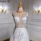 Luxus Elfenbein Meerjungfrau Abendkleider Kleider 2025 Perlen Elegant Mit Zug Formales Kleid LA71109 