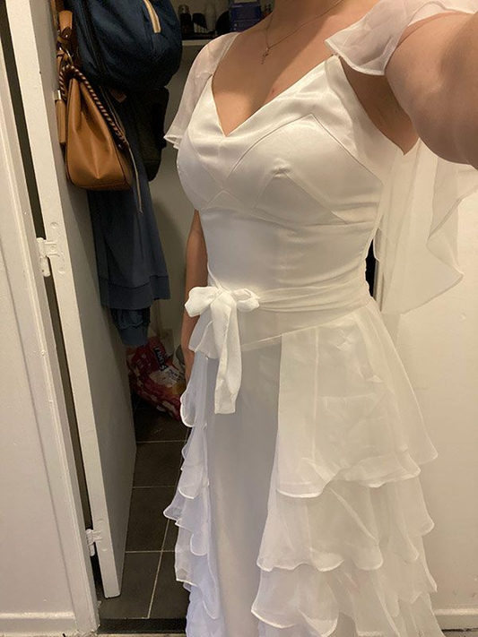 Chic White Ruffled V-neck Long Evening Dress white Evening Gown Y5354