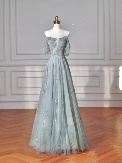 Hermoso vestido de fiesta verde claro con escote cuadrado de tul y cuentas, vestido de noche de corte A Y8612