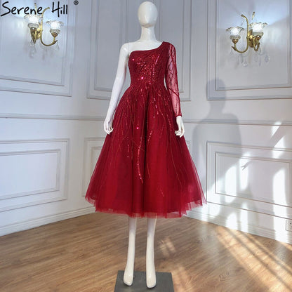 Vestidos de noche verdes de lujo hasta los tobillos, vestidos de fiesta sexys con un solo hombro y cuentas, LA71021 