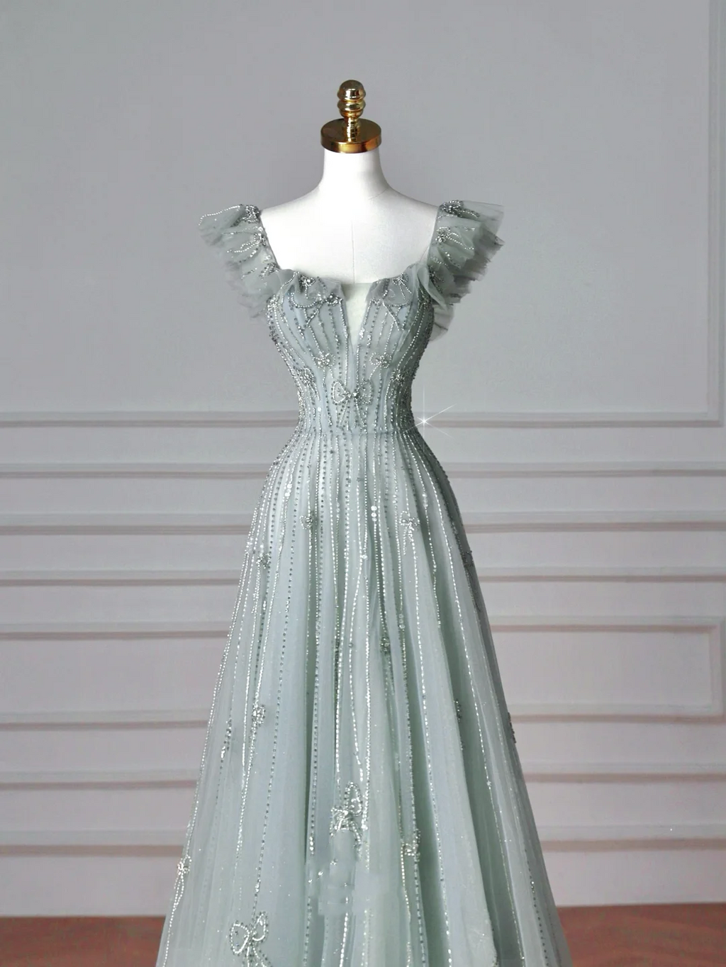 Hermoso vestido de fiesta verde claro con escote cuadrado de tul y cuentas, vestido de noche de corte A Y8612
