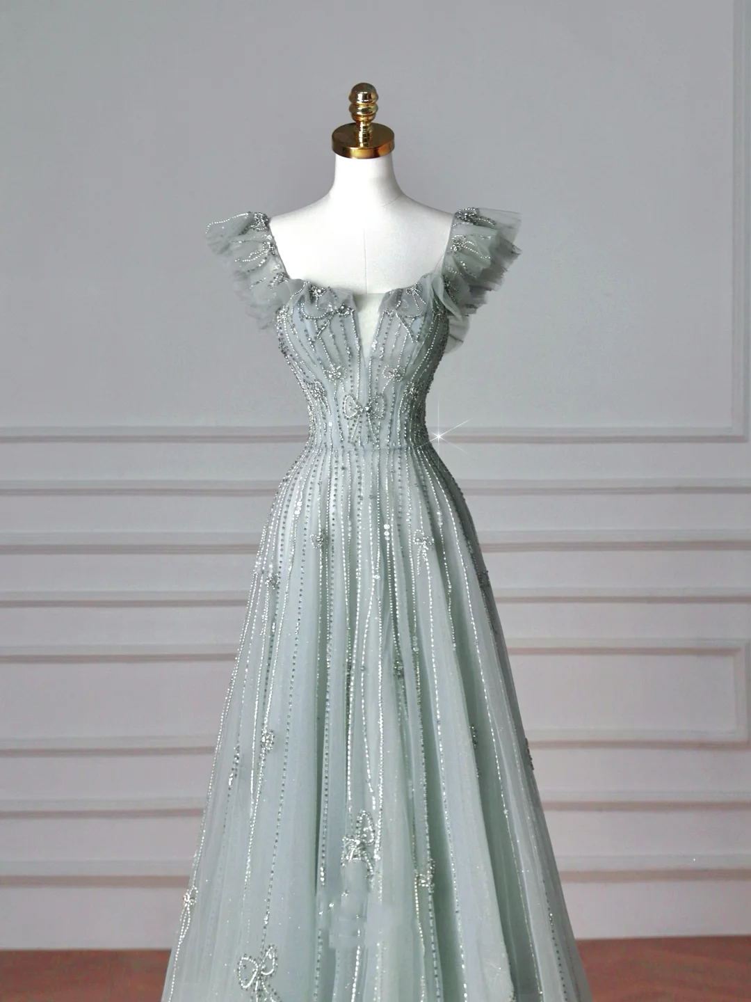 Hermoso vestido de fiesta verde claro con escote cuadrado de tul y cuentas, vestido de noche de corte A Y8612