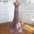 Vestido de noche de sirena sexy con escote en V y plumas de diamante, sin mangas, color champán, LA70350 