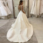 White Satin A Line Bridal Gowns Sexy Deep V Neck Wedding Dress Boho Vestido De Noiva Simple Appliques Back Less With Pocket-payinti