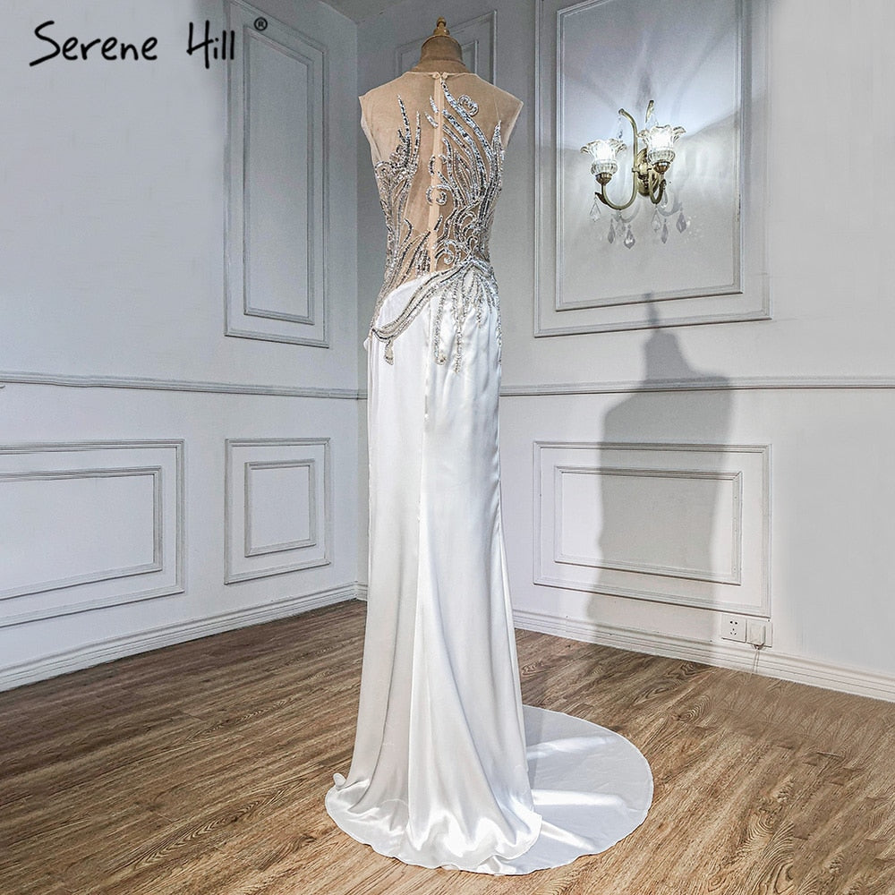 Vestido de noche con sobrefalda de sirena beige, elegante, de satén con cuentas, para mujer, fiesta, LA71199 