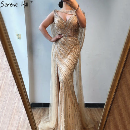 Luxus Champagner Sexy Split Abendkleider 2025 Diamant Ärmelloses Meerjungfrau Formale Kleid Ruhigen Hill LA70301 