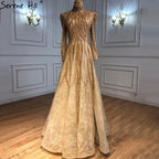 Vestidos de noche musulmanes con cuentas y brillo dorado hasta los tobillos, corte A, para mujer, fiesta, LA70996 