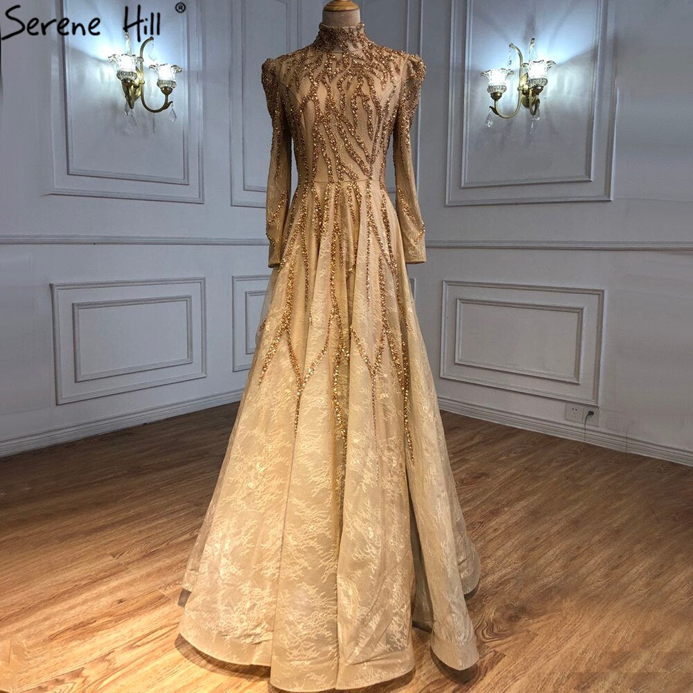 Vestidos de noche musulmanes con cuentas y brillo dorado hasta los tobillos, corte A, para mujer, fiesta, LA70996 
