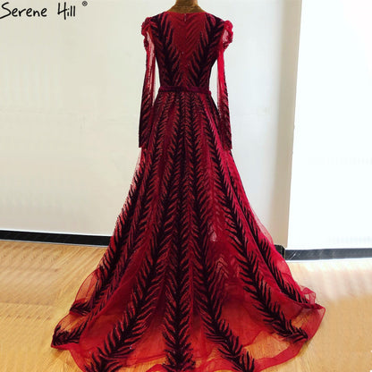 Velvet Wine Red Evening Dresses Long Sleeves Luxury Design Beading  Formal Dress 2025 Plus Size LA60903