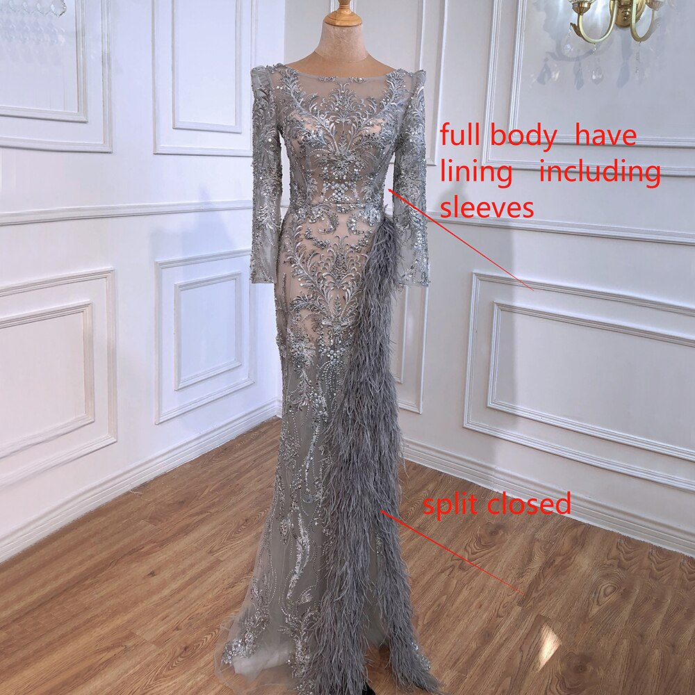 Vestidos de noche de lujo con abertura y corte sirena gris, elegantes vestidos de noche con cuentas y plumas, para mujer, fiesta formal LA70828 