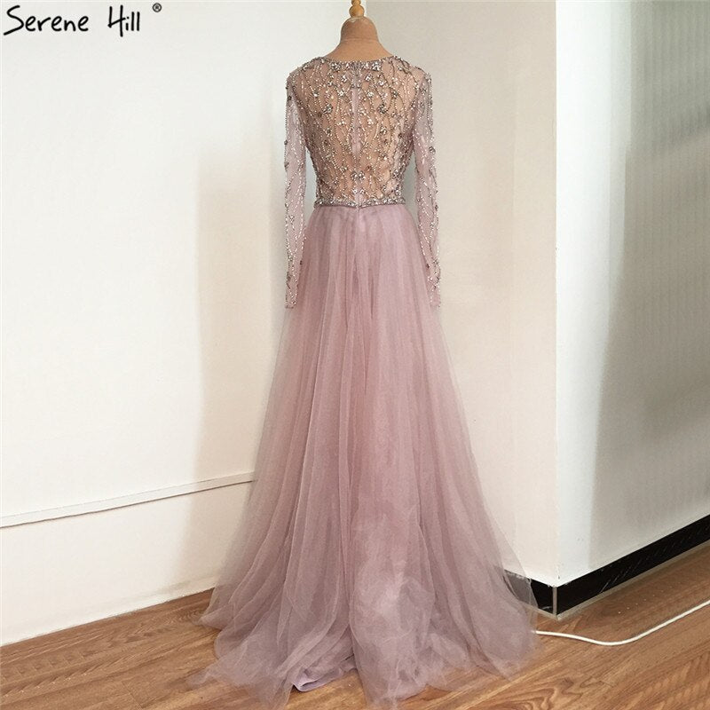 Vestido de noche de lujo en gris con cola desmontable de Dubái 2025, largo, sirena, con diamantes y cuentas, vestido formal LA70341 