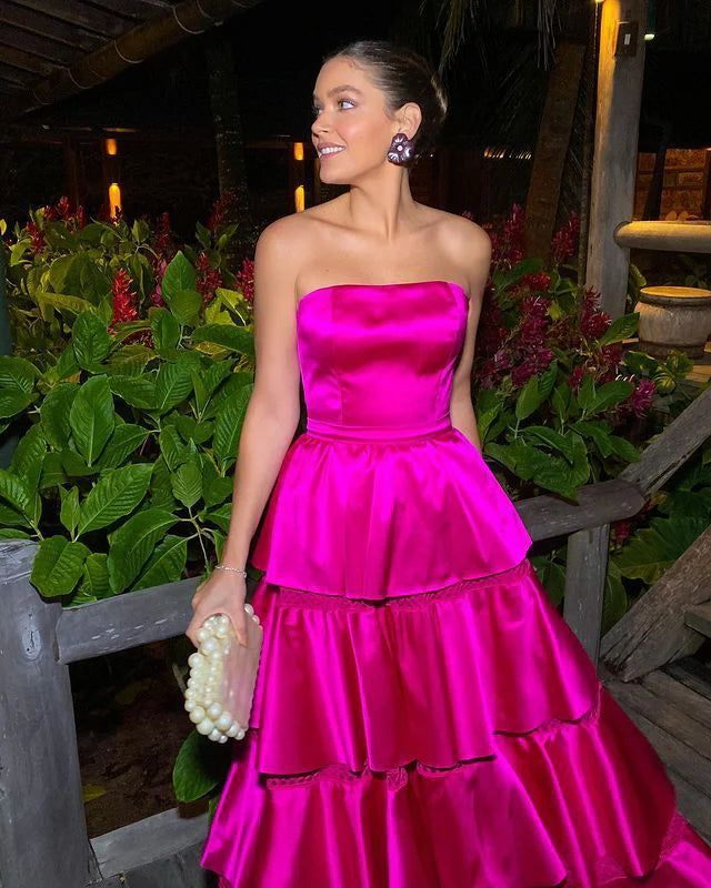 Hermoso vestido de fiesta de satén sin tirantes, con capas, de satén rosa intenso, corte A, vestido de noche Y8003