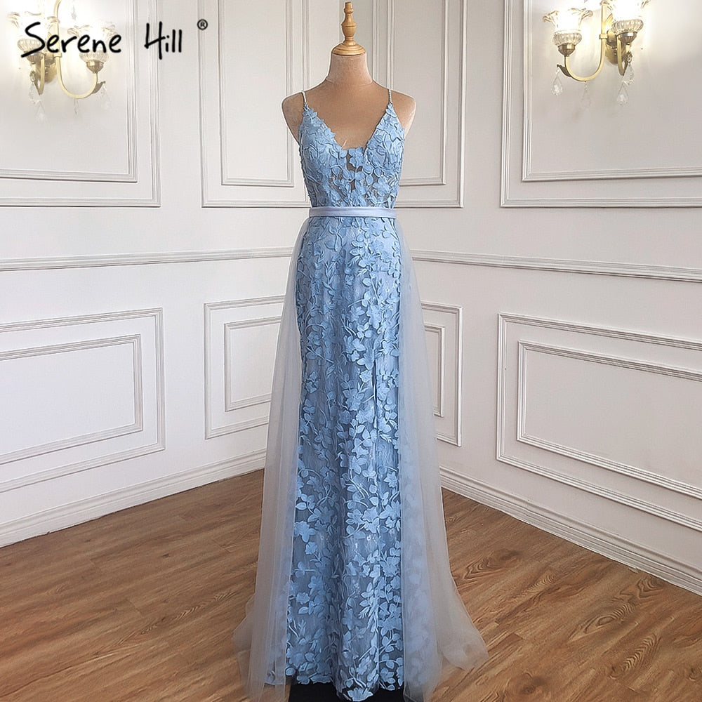 Vestido de noche sexy de sirena rosa con escote en V, flores hechas a mano, sin mangas, de tul, LA70431 