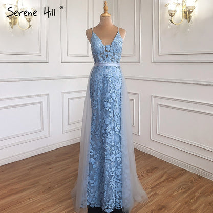 Vestido de noche sexy de sirena rosa con escote en V, flores hechas a mano, sin mangas, de tul, LA70431 