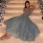 Blaue knöchellange Abendkleider 2025 ärmellos einfache sexy Spitze Abendkleid Design LA70767 