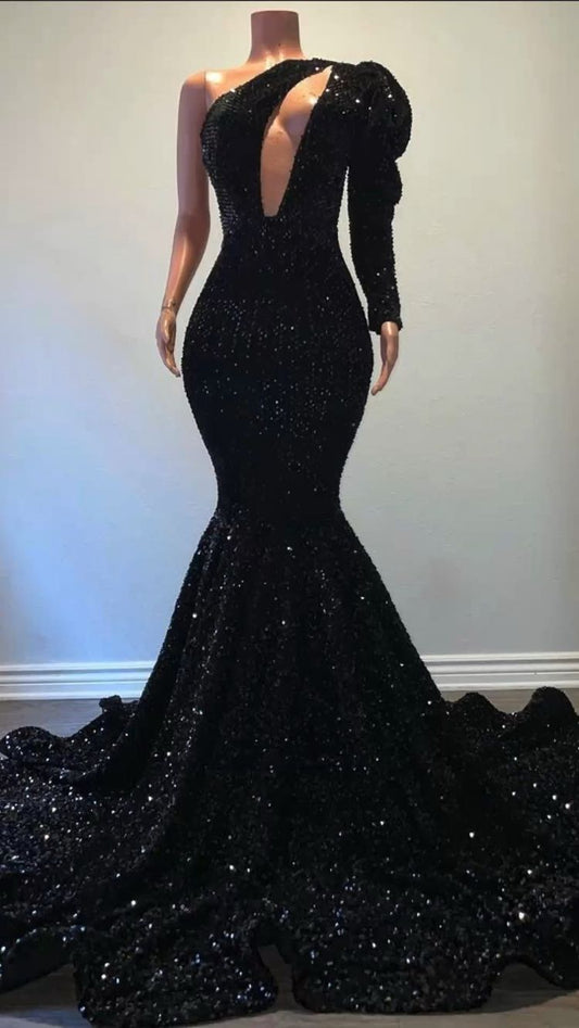 Schwarzes langes Ballkleid mit Pailletten und Puffärmeln im Meerjungfrauen-Stil, Y15