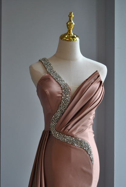 Vestido de noche rosa con cuentas de cristal, un hombro, satén, corte sirena, largo, para fiesta, Y8519