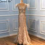 Vestido de noche de sirena sexy con escote en V y plumas de diamante, sin mangas, color champán, LA70350 