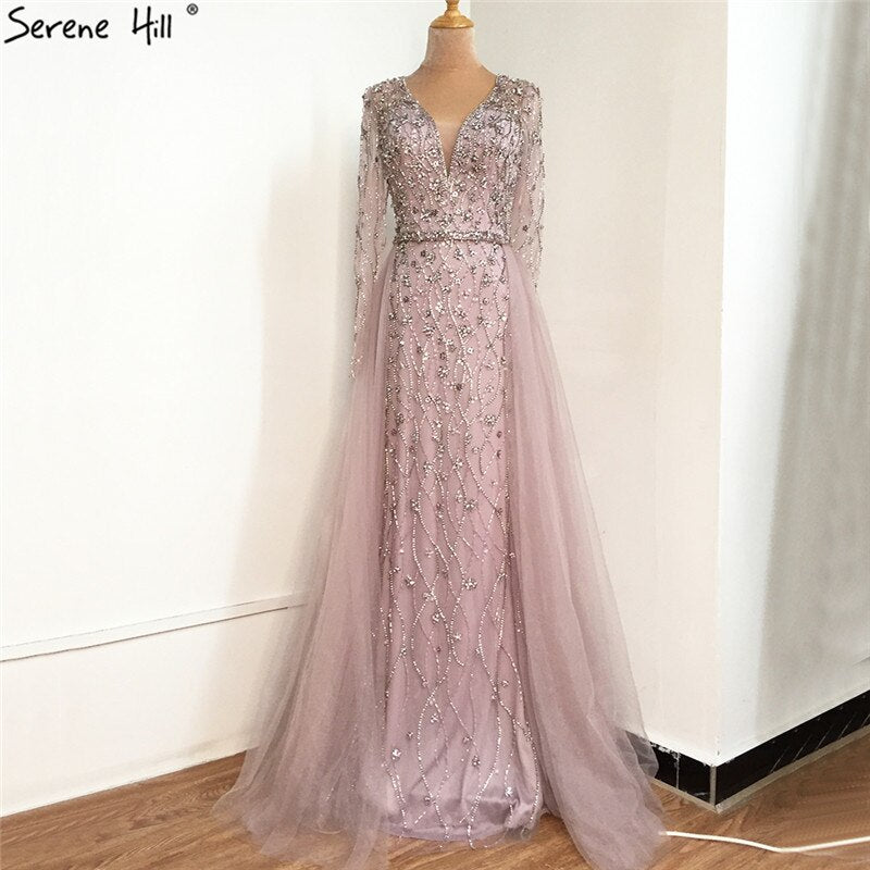 Vestido de noche de lujo en gris con cola desmontable de Dubái 2025, largo, sirena, con diamantes y cuentas, vestido formal LA70341 