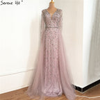 Vestido de noche de lujo en gris con cola desmontable de Dubái 2025, largo, sirena, con diamantes y cuentas, vestido formal LA70341 