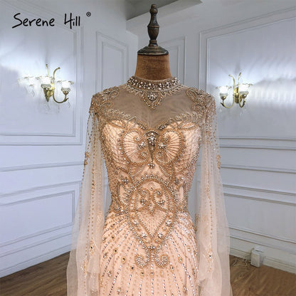 Luxury Grey Nude Cape Sleeves Evening Dresses Gowns 2025 Beaded Mermaid Elegant Sexy For Woman Party  LA71187