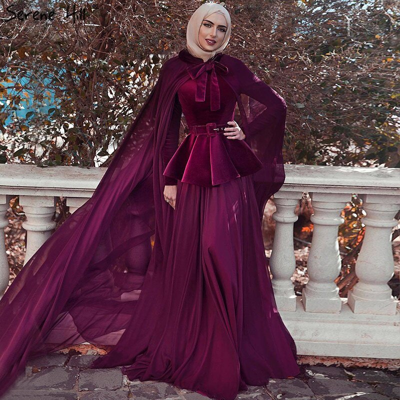 En oferta, sin devolución ni reembolso. Vestidos de noche musulmanes de manga larga en rojo vino 2025, con chal largo y fajas, corte A, sencillos, LA70278. 
