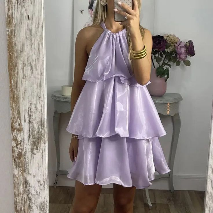 Vestido corto de fiesta con capas y cuello halter de organza azul sencillo, vestido de regreso a casa Y8089