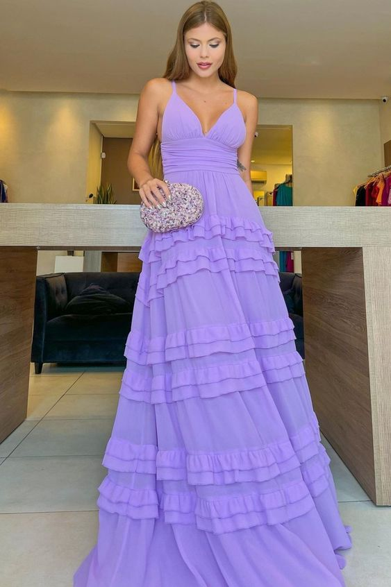 Lavendelfarbenes A-Linien-Ballkleid mit V-Ausschnitt Lavendelfarbenes Abendkleid Y6177