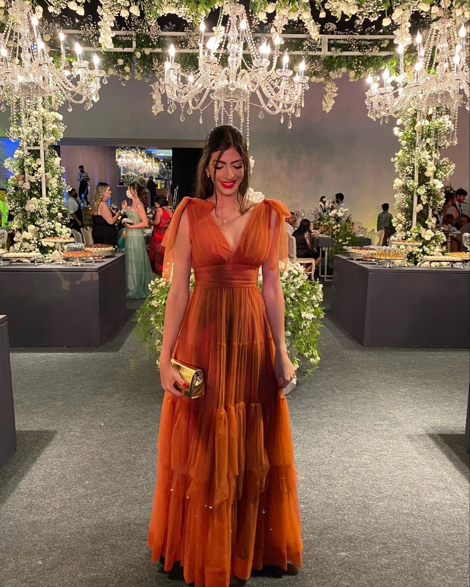 Vestido de noche largo con escote en V, elegante, color naranja, para invitada de boda Y5065