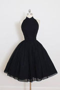 Vestido de fiesta de tul negro con cuello halter, sin mangas, corte A, a media pierna